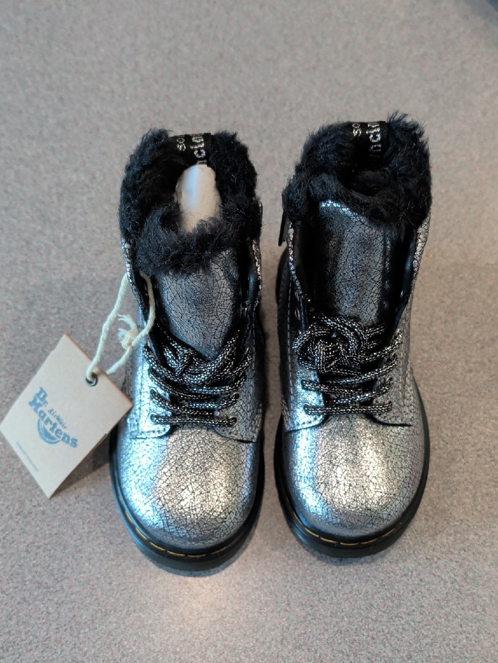 Dr. Martens Silver Crackle Lace-Up Fur Collar Boots